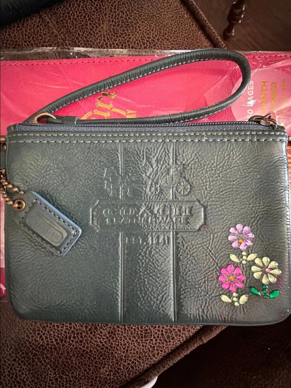 coach Women's Gray Wristlet Clutch with Pink Floral Accents